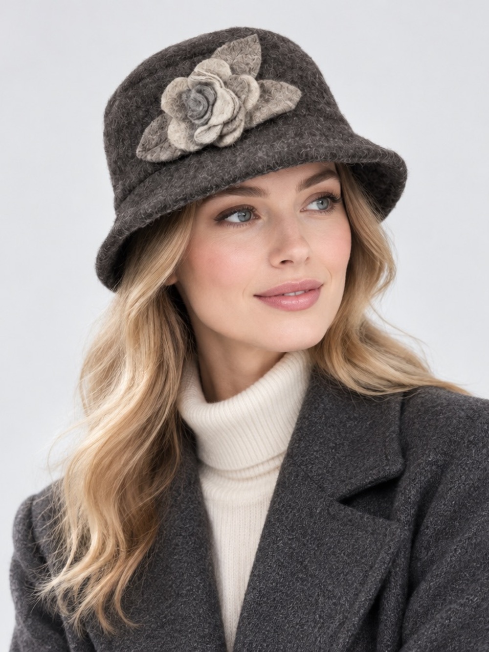 Women's Wool Felt Cloche Brown Hat with Layered Flower